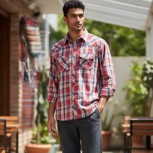 Old Navy Vintage Y2K Western Plaid Flannel Shirt Mens Medium Red Pearl Snap